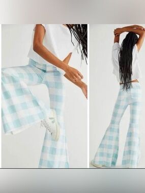 FREE PEOPLE WE THE FREE Blue Plaid Checkered Just Float On Bell Bottoms Size 25